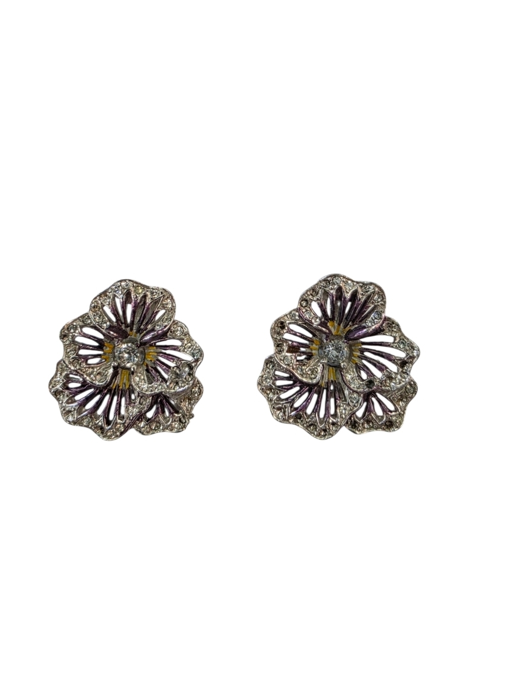 Boucher Pave Purple Metallic Enamel and Pearl Pansy Flower Clip-On Earrings